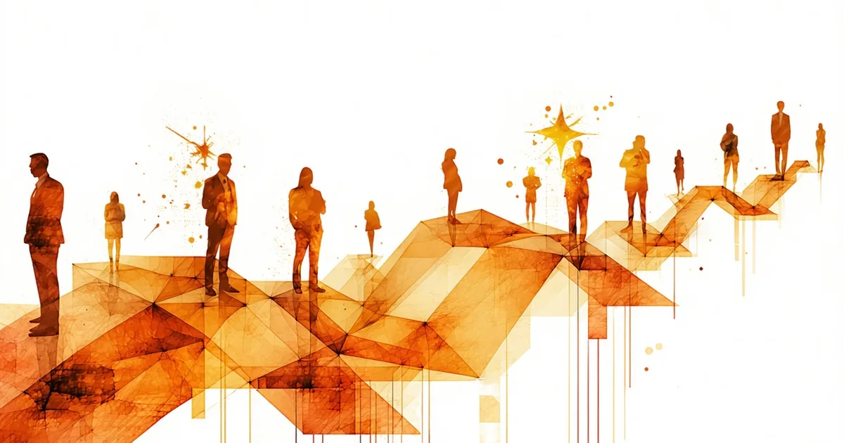 Abstract editorial illustration showing a team workflow with AI collaboration — passing content through review stages