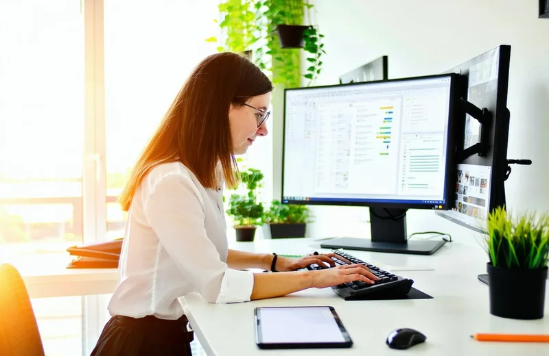 A content marketer working at a standing desk with multiple monitors showing content drafts