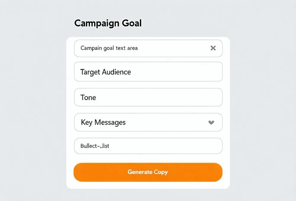 Quillpilot brief creation form showing campaign goal, audience, tone, and key message fields